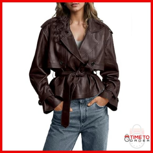 Faux Leather Belted Trench Coat Moto Jacket Women's Size Small - Picture 2 of 7